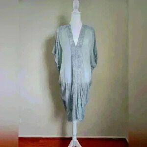 Johnny Was Pale Blue Embroidered Poncho | Light Cupra Silk Cover Up